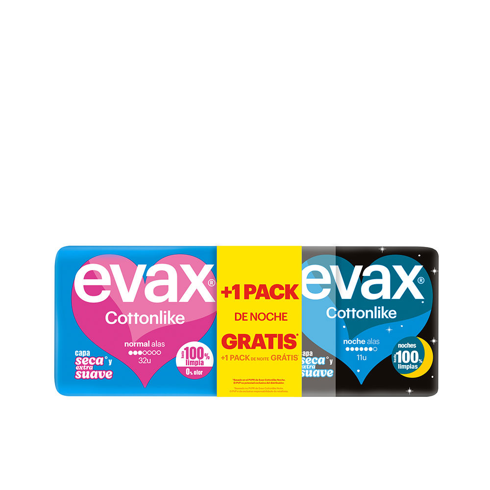Pacote de absorventes EVAX COTTONLIKE asas normais diurnas 32 unidades + asas noturnas 11 unidades