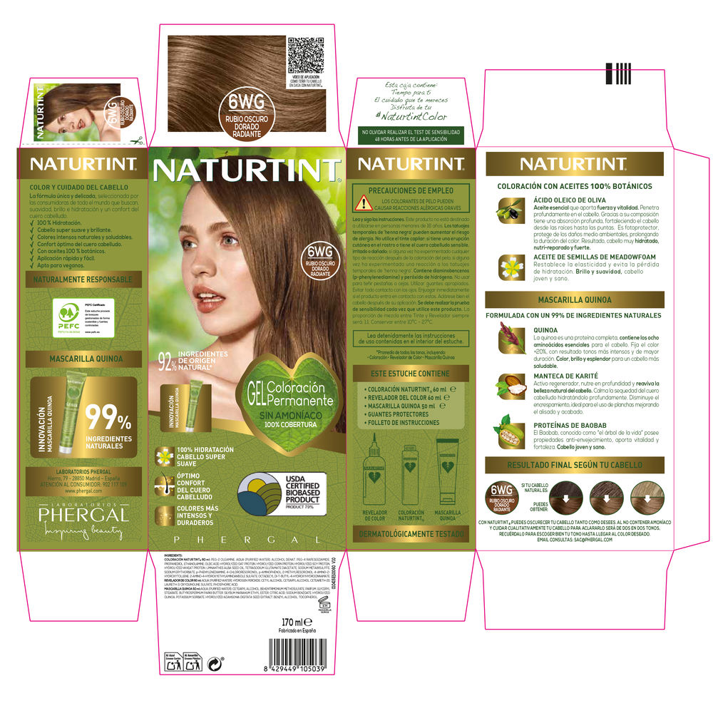 Tintura sem amônia NATURTINT #6Wg-Loiro Escuro Dourado Radiante 170 ml